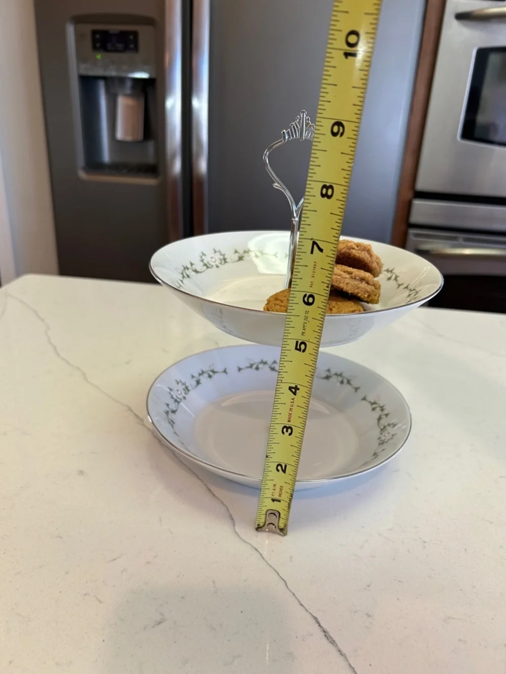Two-Tier White Ceramic Jewelry or Dessert Stand with Silver Handle 9” high